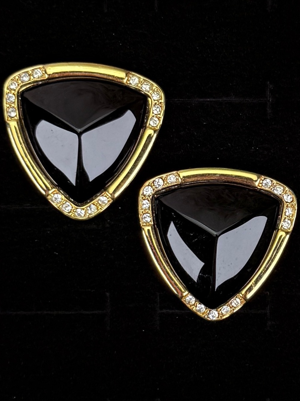Vintage, goldtone and black bling, weighted triangle costume pierced earrings